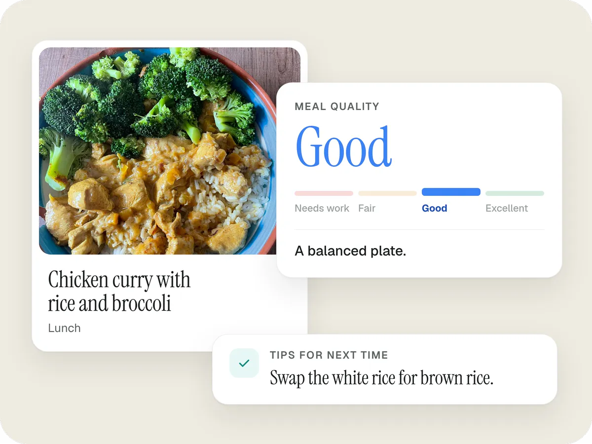 A meal card with a photo of chicken curry with rice and broccoli, rated Good for meal quality, with the tip to swap the white rice for brown rice.